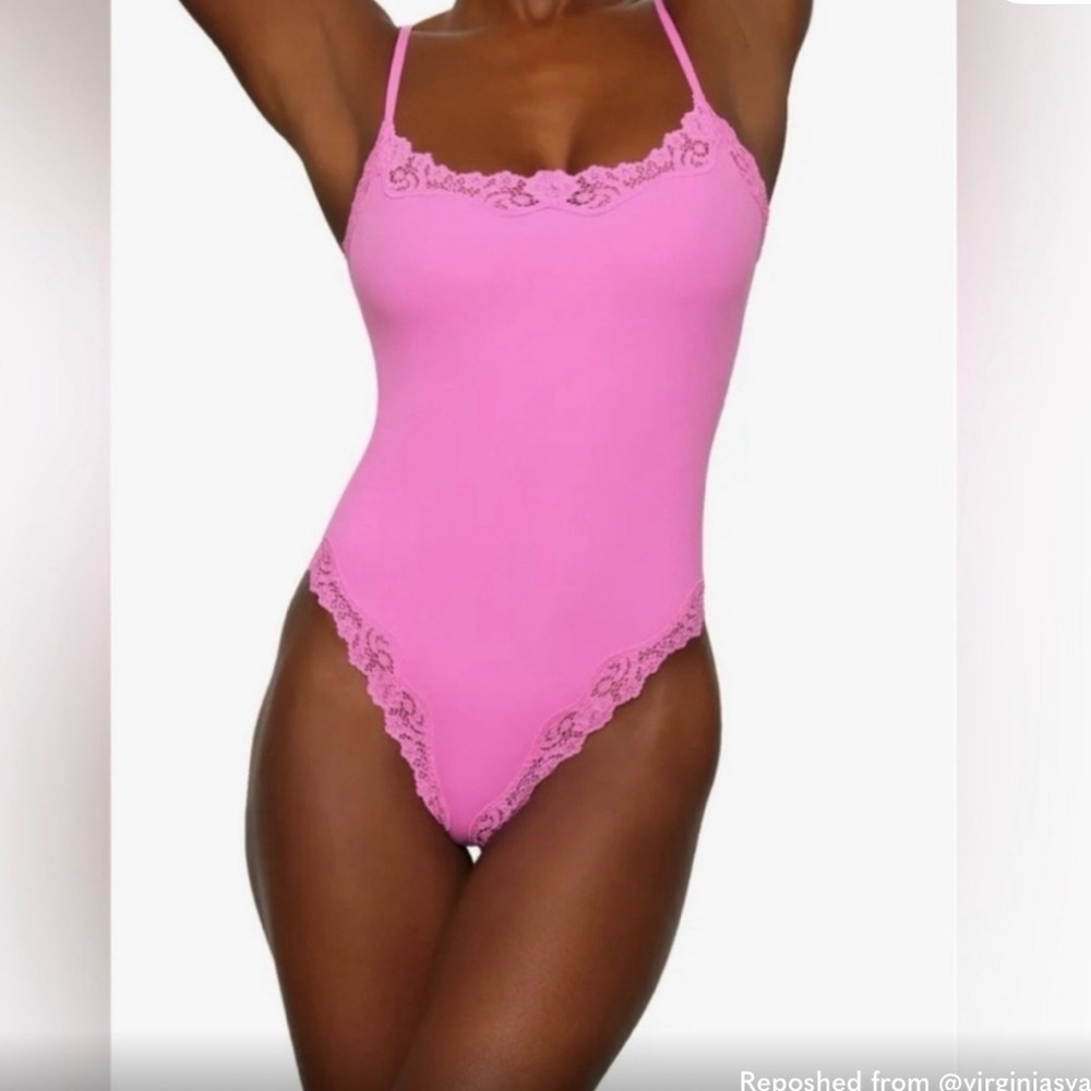 SKIMS Hot Pink Lace-Trim Bodysuit